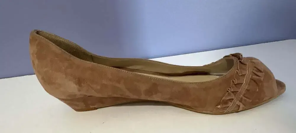 Butter Shoes Suede Ruffle Peep Toe Kitten Wedge Pumps Tan